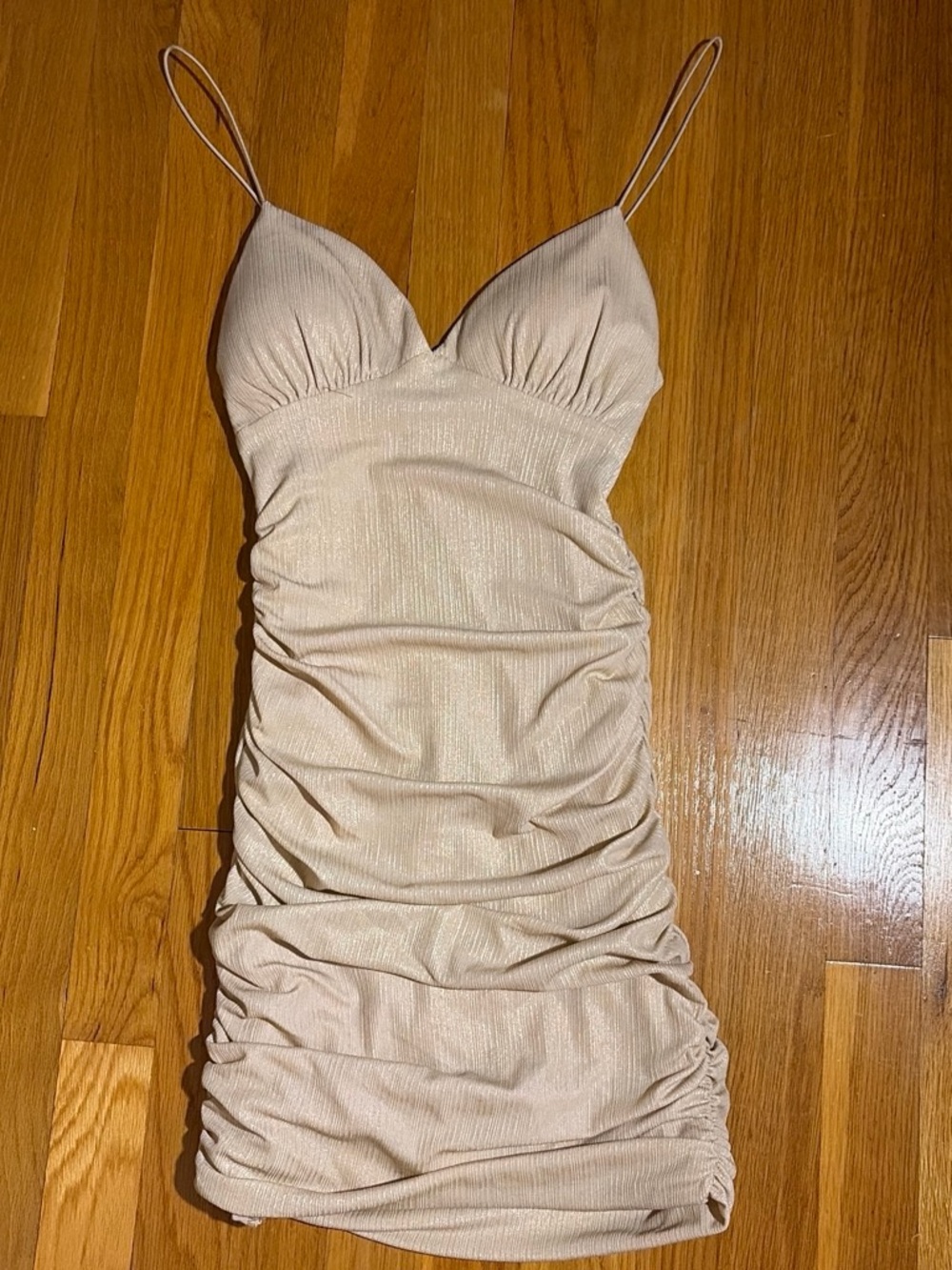 B Darlin Gold Sparkly Ruched Spaghetti-Strap Mini Dress